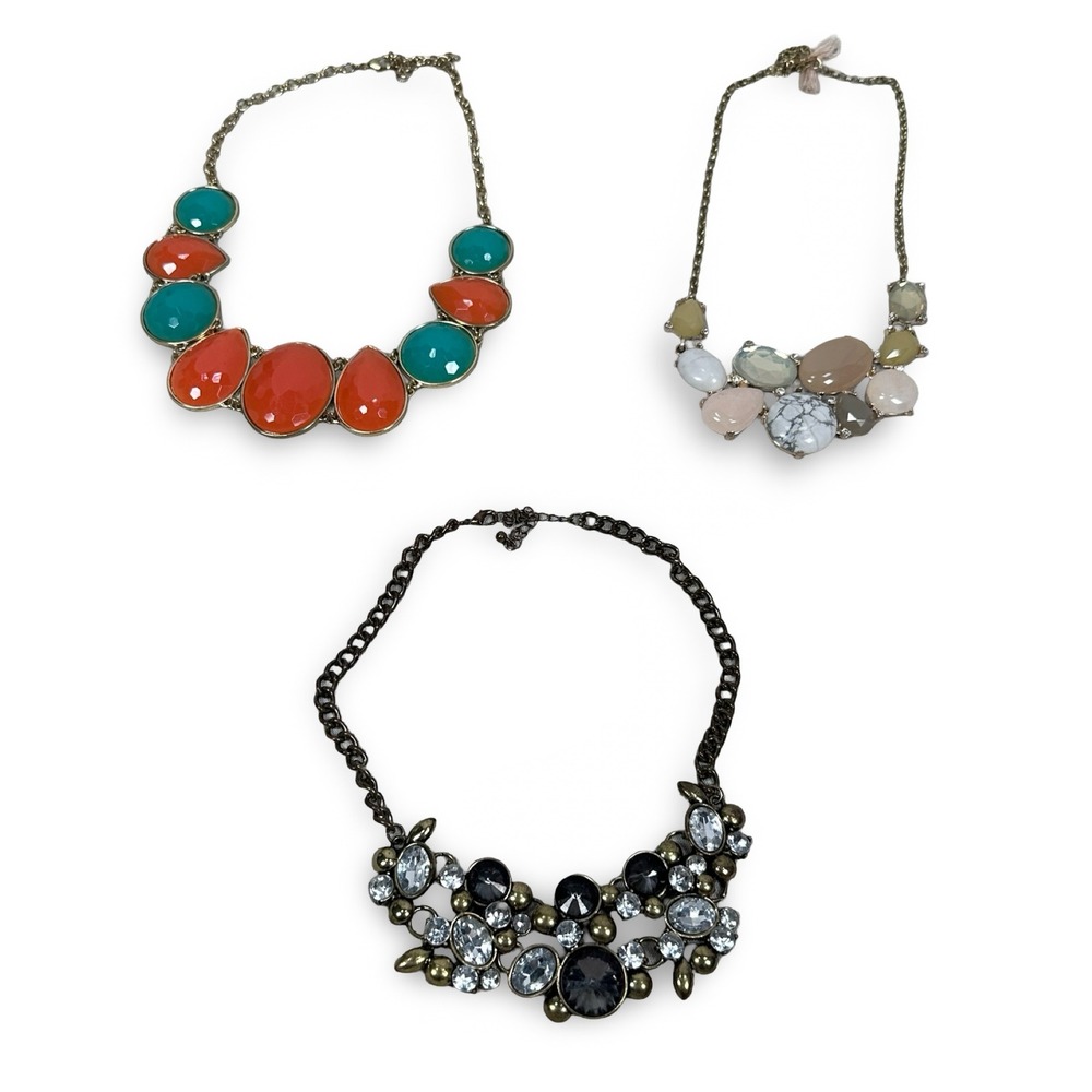 Women Statement Bib Necklace Lot 3 Teal Orange Pastel Marble Crystal Chunky Gray